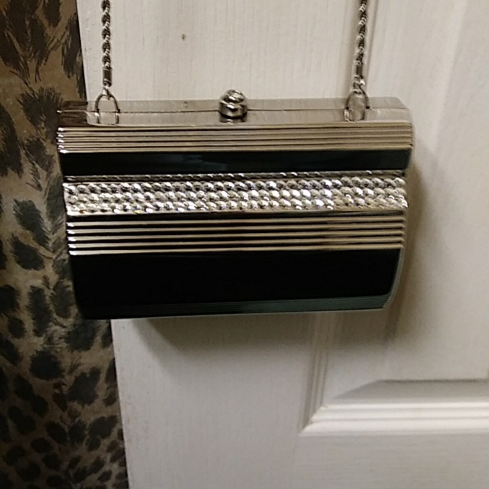 SASHA Silver Shiny hard-shell shoulder or clutch bag w/ rhinestones